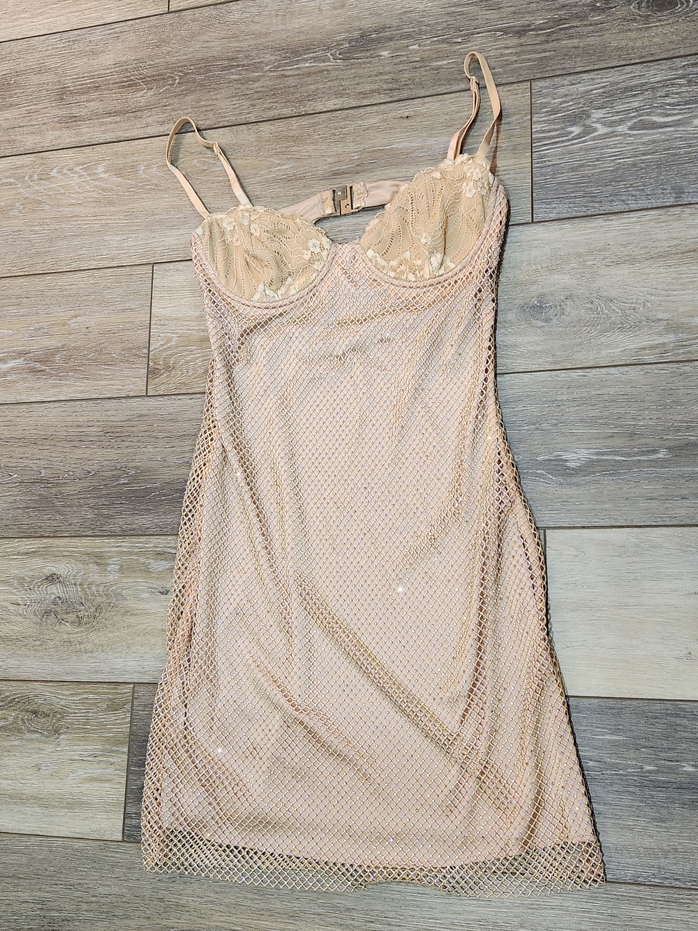 Outcast Blush Mesh Sequin Spaghetti-Strap Mini Dress Size Medium - Picture 3 of 8